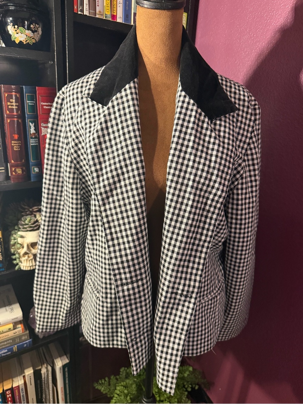 Vintage Miss Selfridge Black & White Gingham Blazer with Contrast Collar